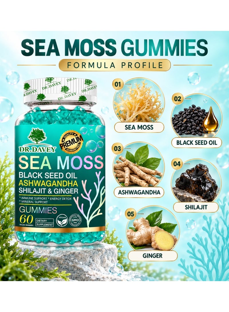 DR. DAVEY DR.DAVEY Sea Moss Gummies with Black Seed Oil, Ashwagandha, Shilajit & Ginger, Vegan, Non-GMO, 60 Count - Image 2