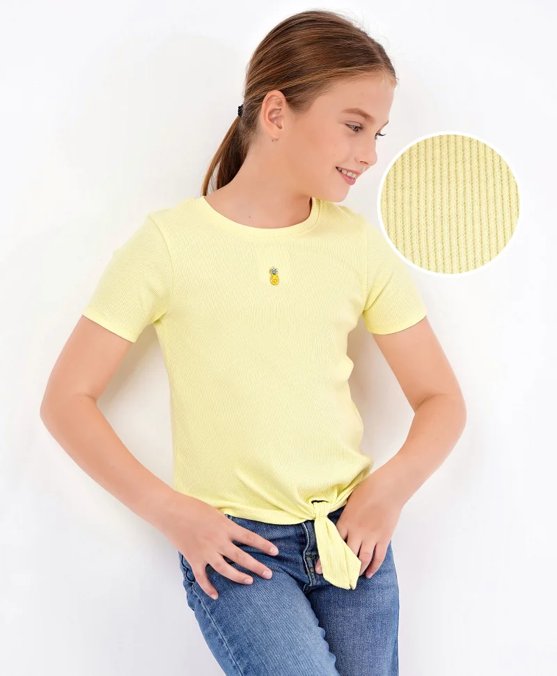 Primo Gino Primo Gino Half Sleeves 2x2 Rib Mock Knot T-shirt with Pineapple Trinket in Softer Cotton Elastane Fabric - Yellow