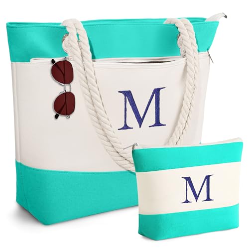 YOOLIFE Personalized Gifts for Women - Beach Bags Waterproof Sandproof, Large Initial Canvas Tote Monogram Swim Bag, Beach Gift for Women Her Mom Birthday Gifts for Teacher Sister Female Friend M - Image 1