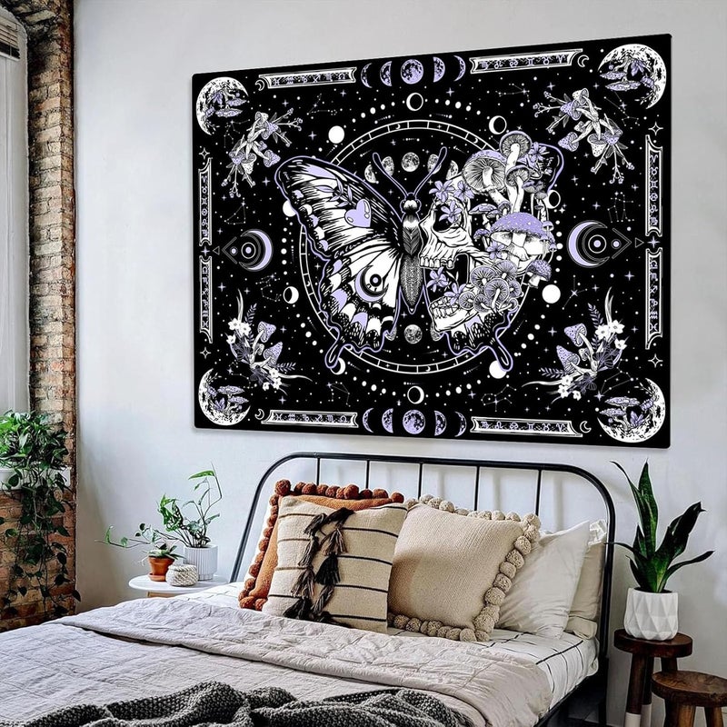 Fungarth Skeleton Butterfly Tapestry Purple Skull Hippie Mushroom Plants Tapestry for Bedroom Moon phase Aesthetic Tapestries Wall Hanging for Living Room Dorm (36.00” x 48.00”, Purple) - Image 4