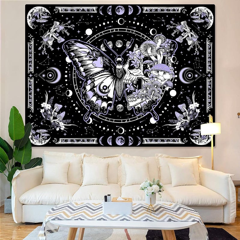 Fungarth Skeleton Butterfly Tapestry Purple Skull Hippie Mushroom Plants Tapestry for Bedroom Moon phase Aesthetic Tapestries Wall Hanging for Living Room Dorm (36.00” x 48.00”, Purple) - Image 3