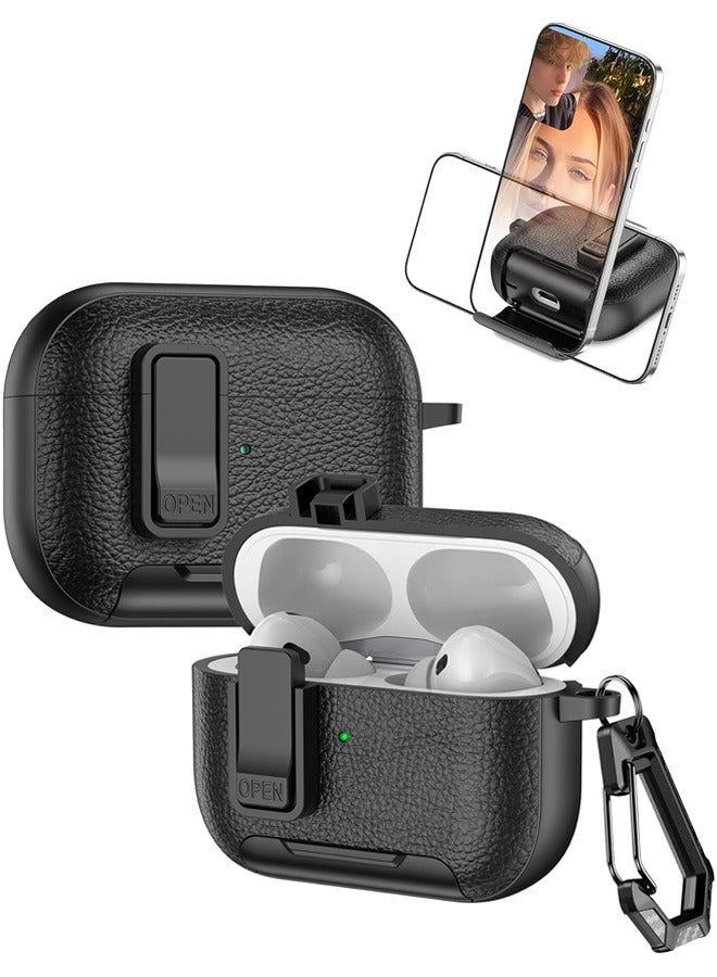 1 PCS Headphone Shock-Absorbing Protective Case, Suitable with AirPods 4th Generation, Equipped with Stand & Safety Lock, PC Shock-Absorbing Leather Shell (Black) - Image 1