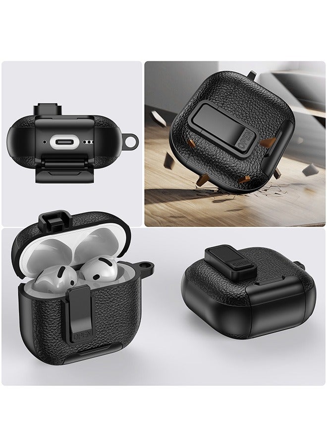 1 PCS Headphone Shock-Absorbing Protective Case, Suitable with AirPods 4th Generation, Equipped with Stand & Safety Lock, PC Shock-Absorbing Leather Shell (Black) - Image 5