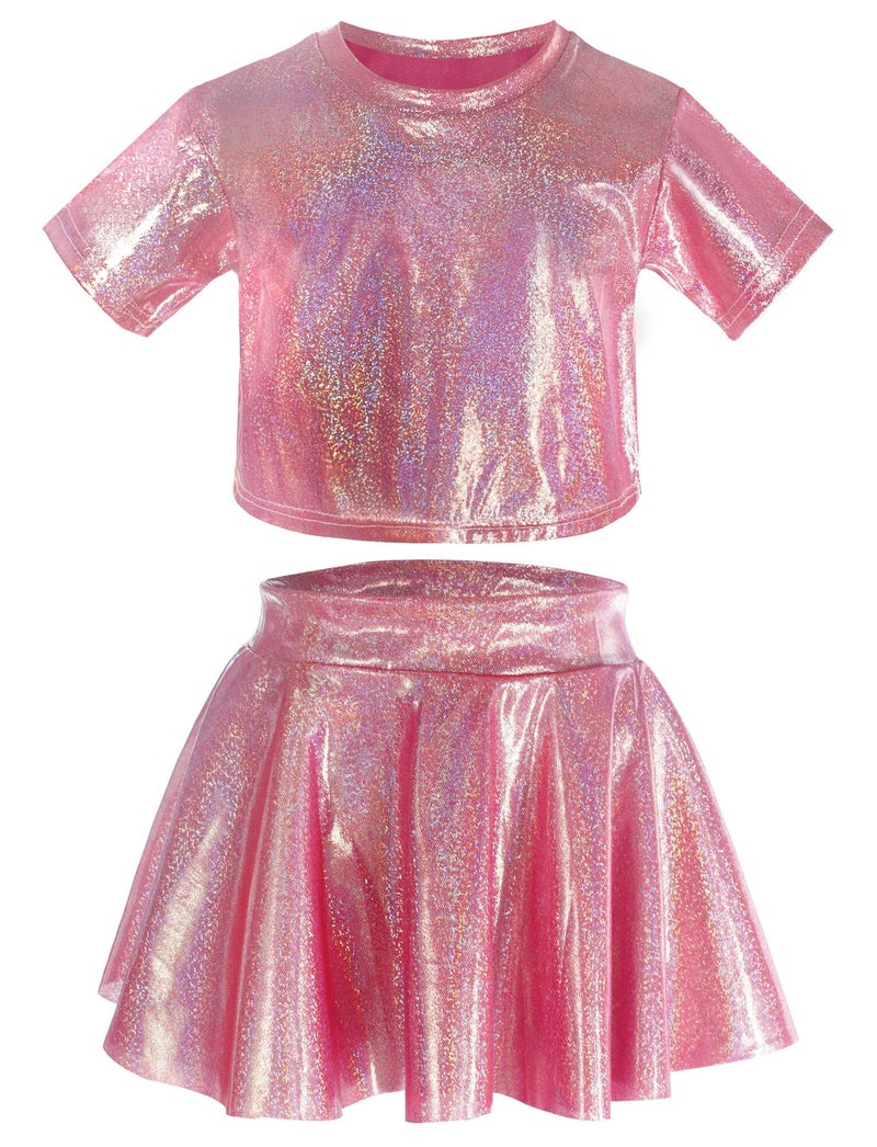 Happy Cherry 2Pcs Kids Girls Shiny Metallic Short Sleeve Crop Top With Pleated Skirt Set Dancewear Performance Costumes Rose Red 8-9 Years - Image 5
