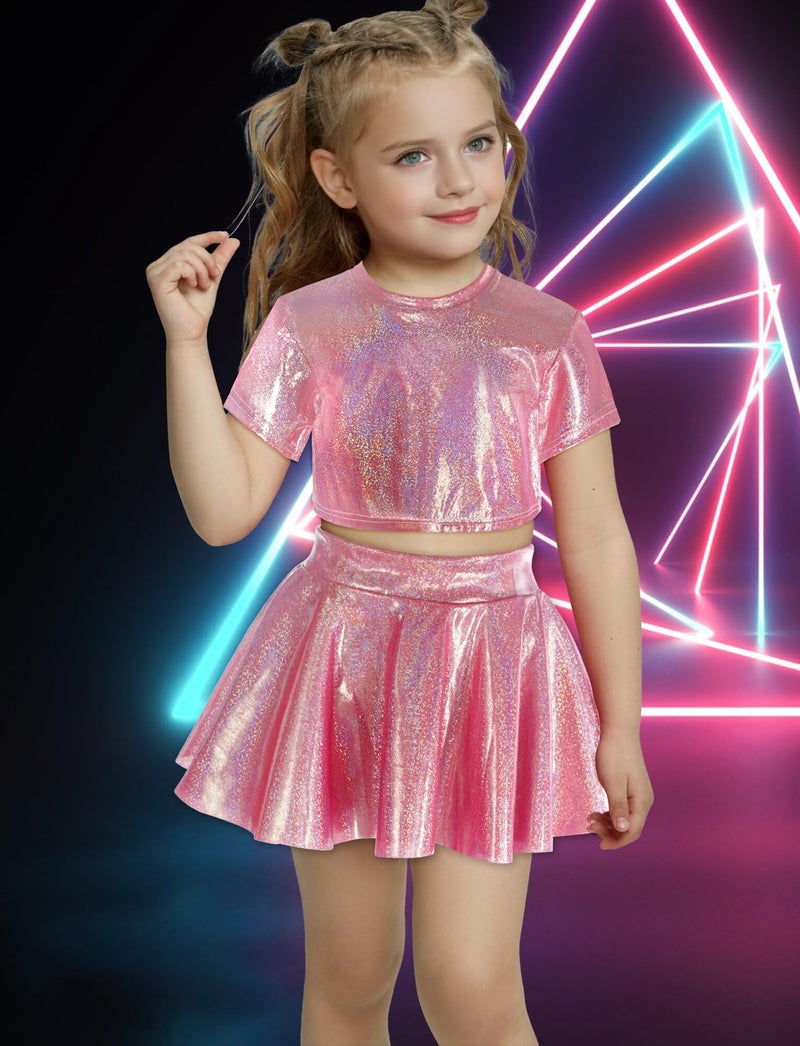 Happy Cherry 2Pcs Kids Girls Shiny Metallic Short Sleeve Crop Top With Pleated Skirt Set Dancewear Performance Costumes Rose Red 8-9 Years - Image 3