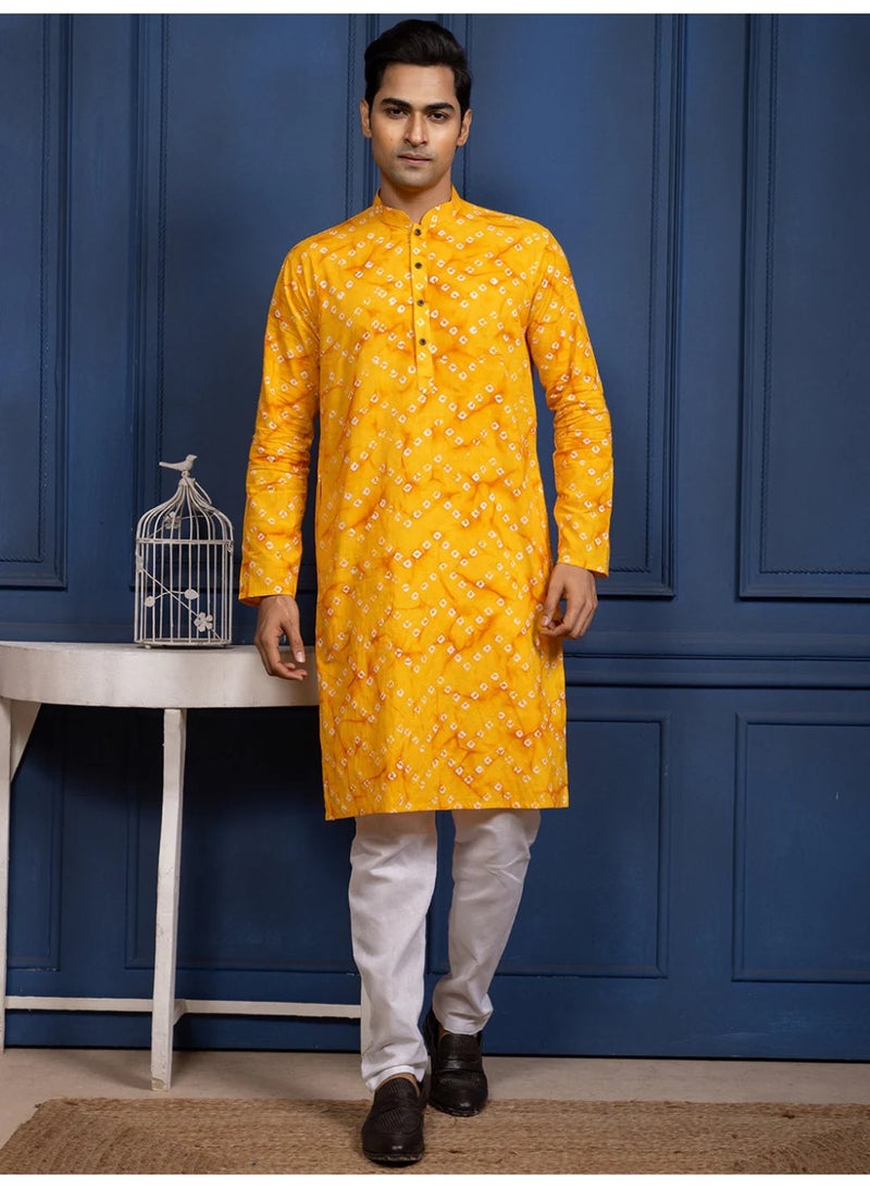 Devoiler Mens Yellow Bandhani Printed Cotton Kurta Set - Image 5