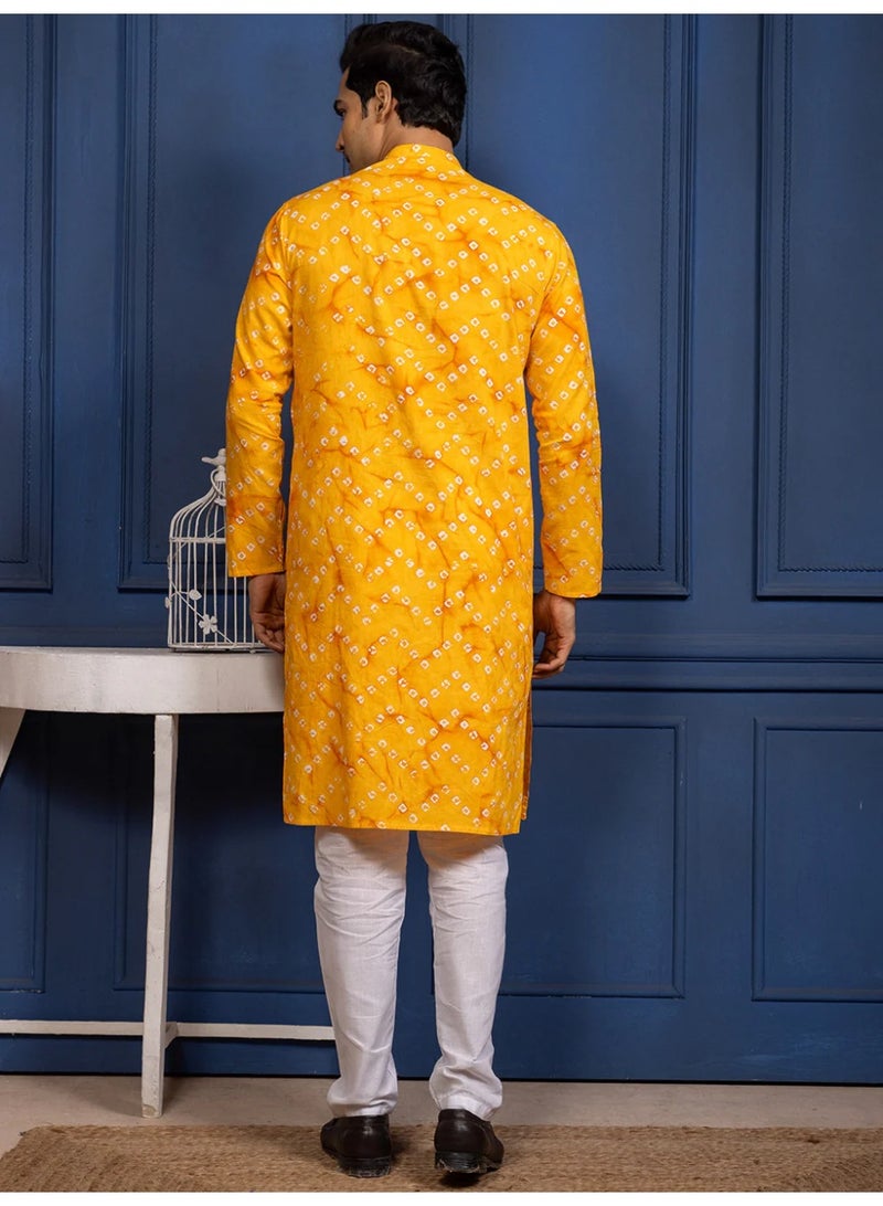 Devoiler Mens Yellow Bandhani Printed Cotton Kurta Set - Image 3