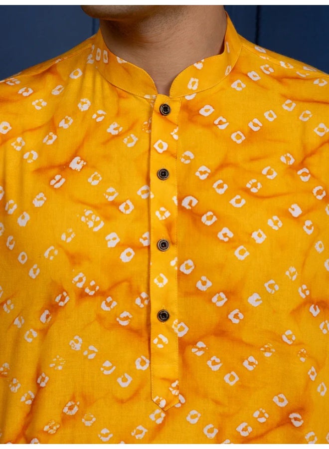 Devoiler Mens Yellow Bandhani Printed Cotton Kurta Set - Image 2