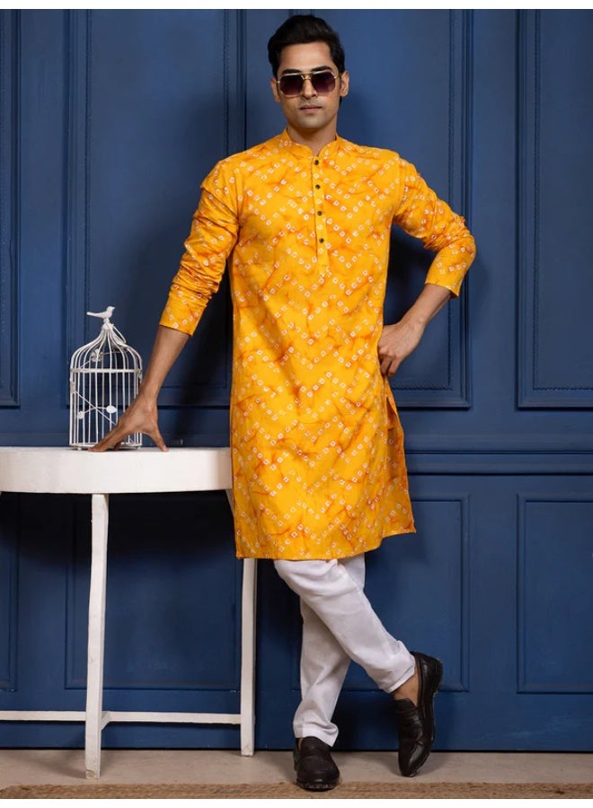 Devoiler Mens Yellow Bandhani Printed Cotton Kurta Set - Image 1