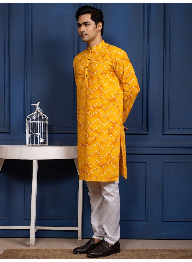 Devoiler Mens Yellow Bandhani Printed Cotton Kurta Set - Image 4