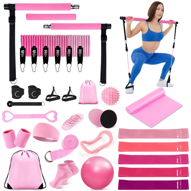 LaRandom Pilates Bar Kit with Resistance Bands Multifunctional Pilates Bar with Metal Adjustment Buckle Portable Storage Bag Yoga Essentials Kit Exercise Equipment for Home Women Gym Workout - Image 1