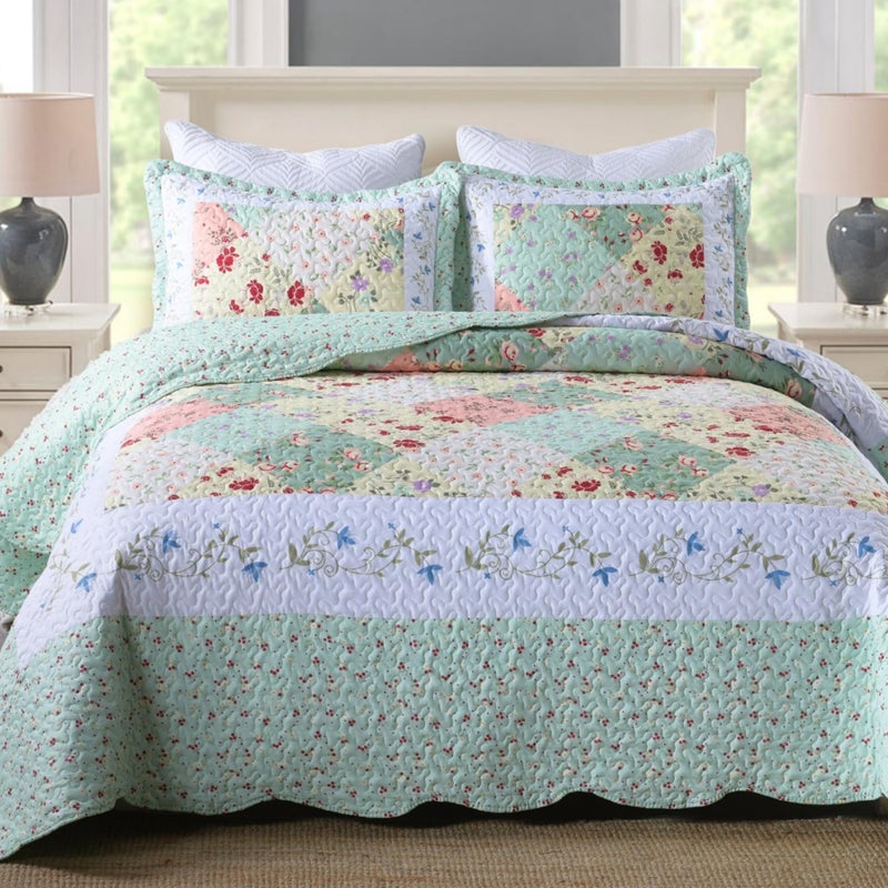 MarCielo 3Piece Floral Printed Quilt Set Lightweight Bedspread Set Coverlet Set Romantic Green King