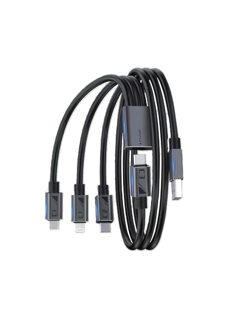 ميرلين كابل الشحن السريع Merlin 4 في 1 بقوة 100 واط، من USB-C وUSB-A إلى Type-C وLightning وMicro USB، كابل متعدد الاستخدامات للشحن ونقل البيانات، طوله 1.2 متر، مصنوع من مادة TPE متينة، مزود بشريحة ذكية، لون أسود - Image 1