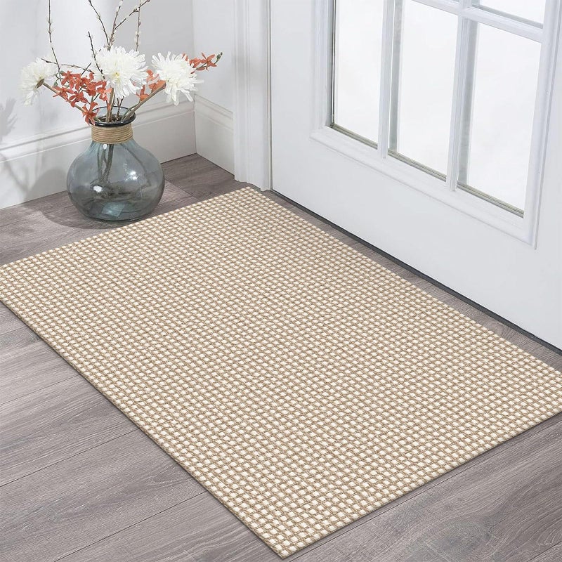 KOZYFLY Indoor Door Mat 2x3 ft Small Area Rugs Washable Front Door Mat Non Slip Rubber Backed Entryway Rug Cotton Entrance Doormat for Front Porch Bathroom Kitchen Bedroom, Ivory/Khaki - Image 1