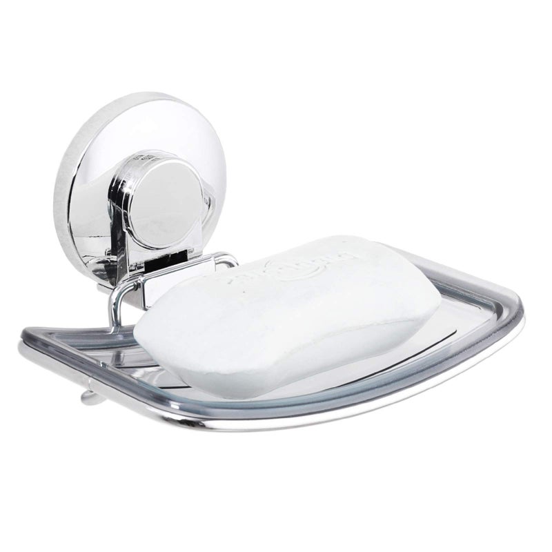LEVERLOC Chrome Suction Cup Soap Dish Holder for Shower Wall DrillFree Rustproof Waterproof Wall Mount Strong Suction Removable Bar Soap Sponge Holder for Bathroom Bathtub Kitchen