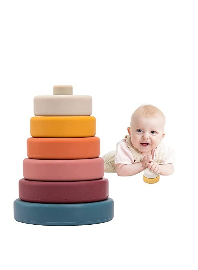 SYOSI Stacking Nesting Circle Toy 6Pcs Soft Squeeze Building Blocks Sensory Toys Early Learning Color Pattern Montessori Toys Early Learning Natural Brain Development Educational Blocks Toy (Morandi)  - Image 1