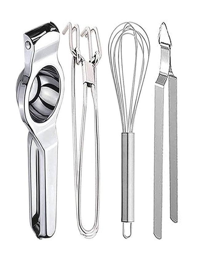 Awadh Stainless Steel Pakkad & Lemon Squeezer/Hand Juicer & Egg Whisk/Egg Beater & Roti Chimta/Utility Tong for Kitchen Silver (Pack of 4) - Image 1