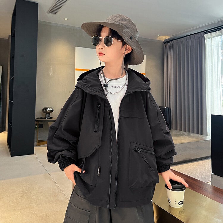 Boys' Hooded Workwear Jacket Autumn New 2023 Children'S Spring Windproof Jacket Medium And Large Children'S Jacket Fashion - Image 1