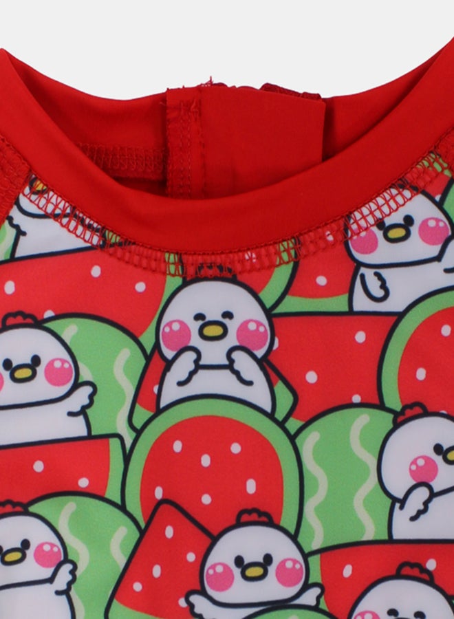 I.Wear I.Wear Baby Girls Swimsuit Overall, Polyester – Red with Chick and Watermelon Design - Image 3