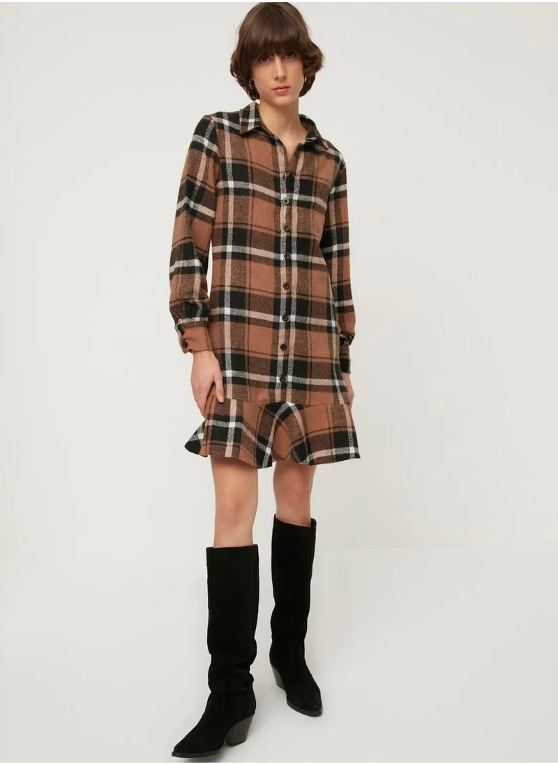 trendyol Checked Ruffle Detail Shirt Dress
