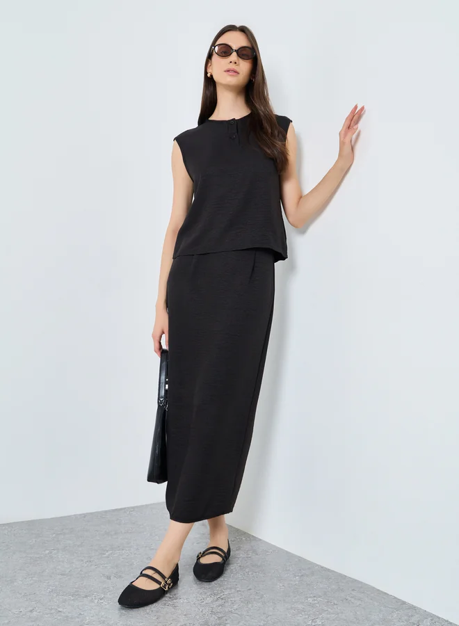 Take Two Take Two Solid Sleeveless Buttoned Top and Skirts Set