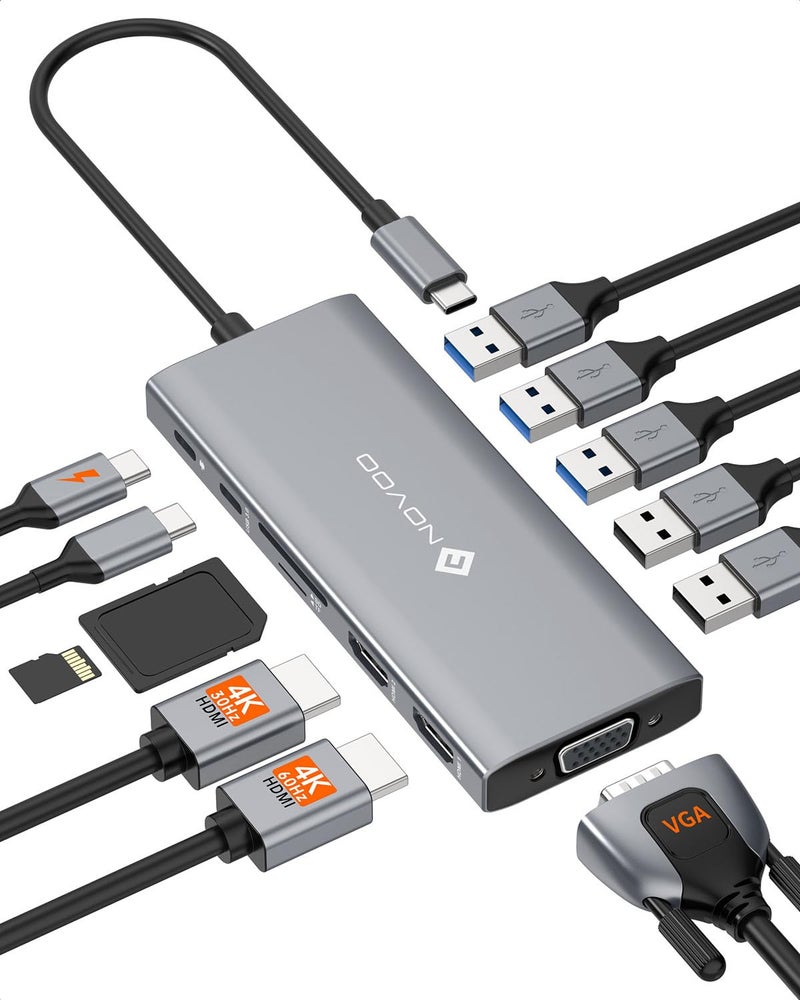 NOVOO USB C Docking Station, 12 in 1 Docking Station Dual Monitor with 2 HDMI, VGA, 5 USB Ports, 100W PD, USB-C Data, SD/TF Card Reader, Compatible with MacBook/Dell/HP/Surface - Image 1