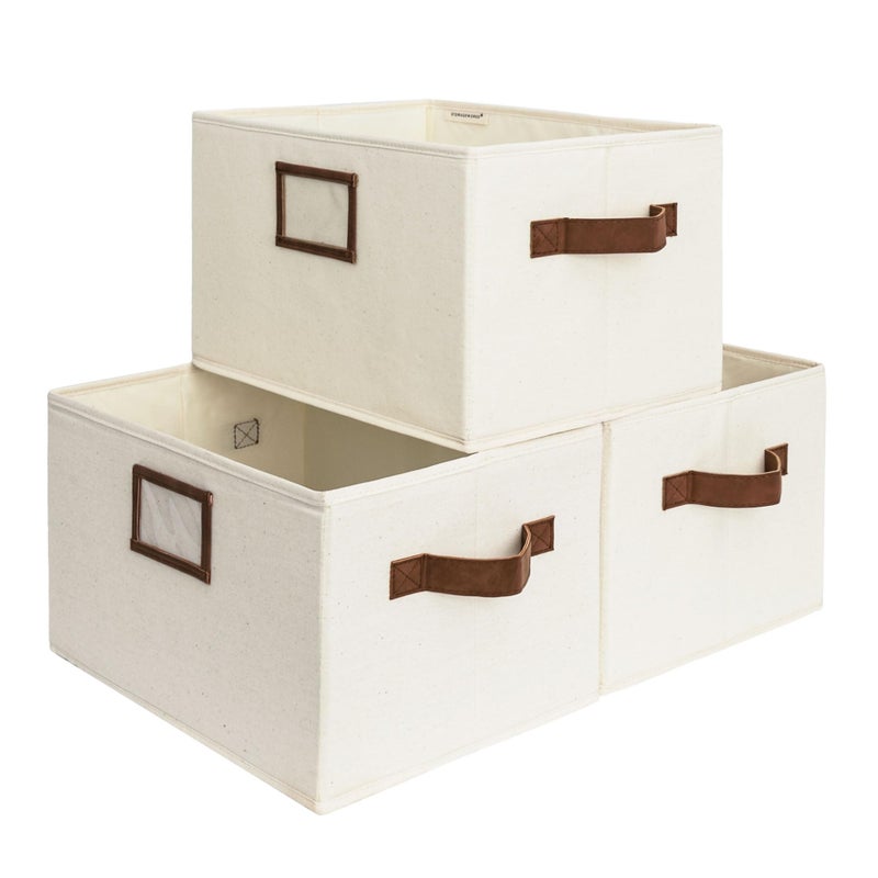 StorageWorks Storage Baskets for Shelves, Foldable Fabric Closet Storage Bins with PU Handles, Fabric Storage Bins Clothes Organizer, Ivory White, 3-Pack, Large - Image 1