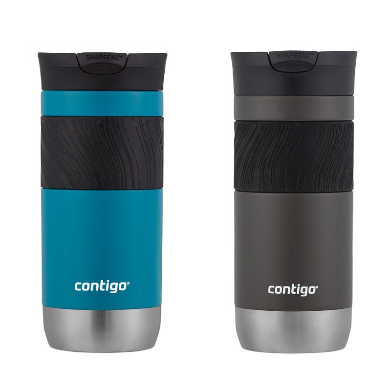 Contigo كوب السفر من كونتيغو بايرون 2.0 من الفولاذ المقاوم للصدأ مع غطاء SNAPSEAL سعة 16 أونصة. عبوة من 2، ساكي/جنبيير - Image 1
