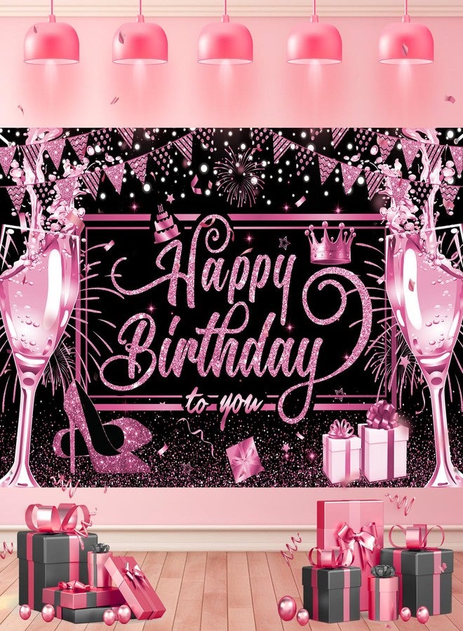 Yoirrat Pink and Black Happy Birthday Banner Hot Pink Black Birthday Party Decorations Backdrop for Women Girls Light Pink and Black Birthday Sign Glitter Pink Birthday Banner Photo Backdrop Supplies Decor - Image 1