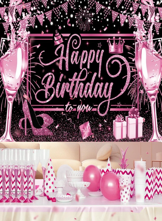 Yoirrat Pink and Black Happy Birthday Banner Hot Pink Black Birthday Party Decorations Backdrop for Women Girls Light Pink and Black Birthday Sign Glitter Pink Birthday Banner Photo Backdrop Supplies Decor - Image 2
