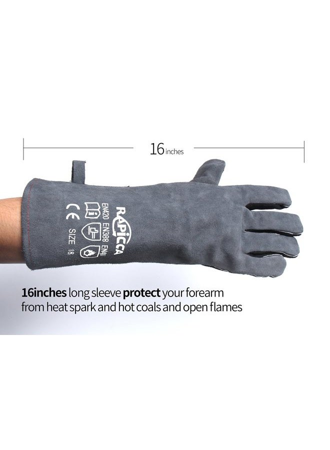 RAPICCA Forge Welding Gloves Extreme Heat Resistant Leather with Kevlar Stitching,Perfect for Fireplace,Stove,Oven,Furnace,Grill,BBQ,Mig,Pot Holde,Animal handling 16 inches Extra Long Sleeve - Gray - Image 5