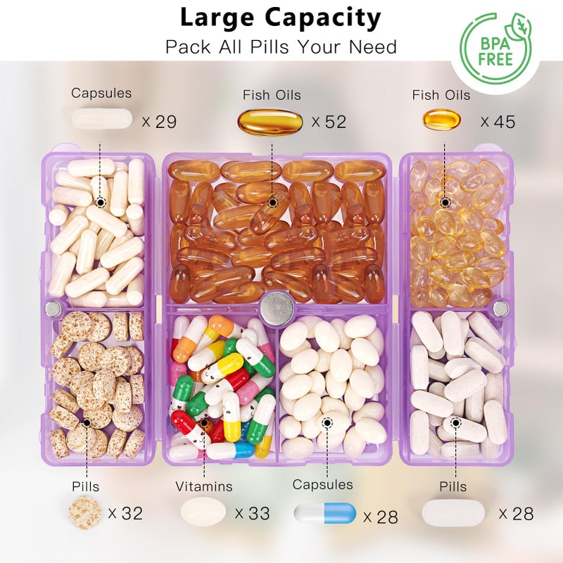 FYY Daily Pill Organizer,7 Compartments Portable Pill Case Travel Pill Organizer,[Folding Design] Large Pill Box for Purse Pocket to Hold Vitamins,Cod Liver Oil,Supplements and Medication-Clear Purple - Image 2