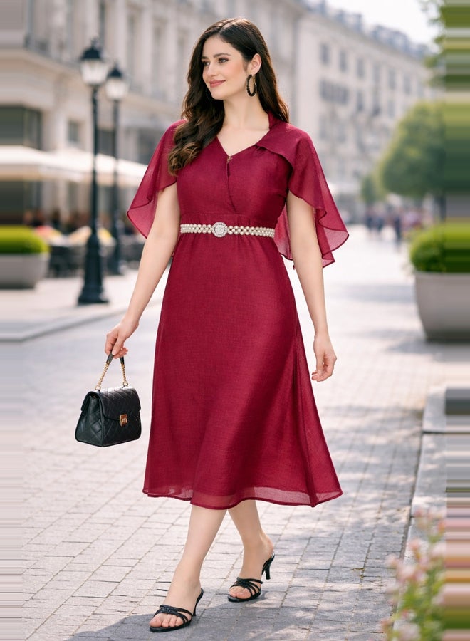 Midi dress with cape sleeves with a belt decorated...