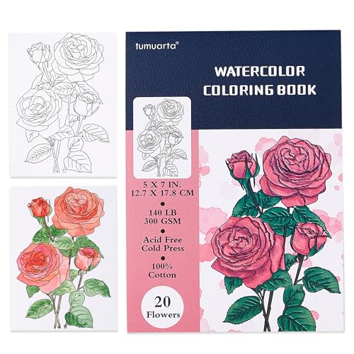 tumuarta Watercolor Coloring Book, 20 Unique Floral Designs, 5x7”, 100% Cotton, 300GSM, 140 LB, 20 Sheets, Cold Press, Acid Free Watercolor Paper Sketchbook, Glue Bound Mixed Media Pad (Flowers) - Image 1