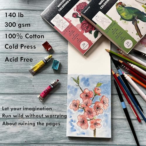 tumuarta Watercolor Coloring Book, 20 Unique Floral Designs, 5x7”, 100% Cotton, 300GSM, 140 LB, 20 Sheets, Cold Press, Acid Free Watercolor Paper Sketchbook, Glue Bound Mixed Media Pad (Flowers) - Image 3