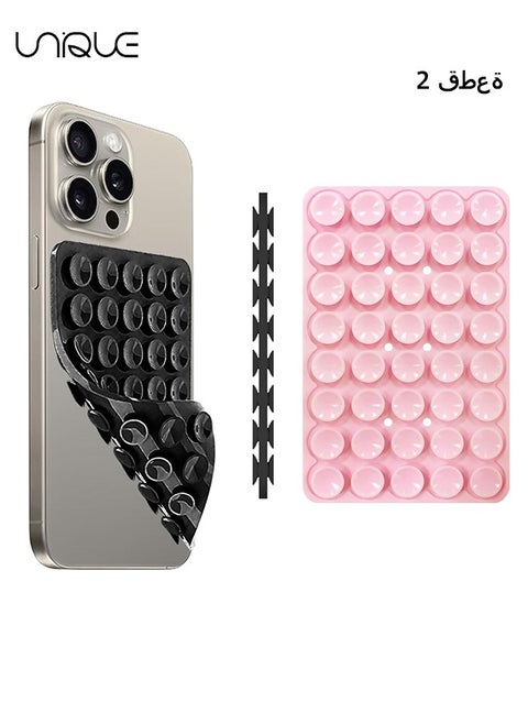 2 Pack Silicone Suction Phone Case, Double Sided Suction Cup, Anti-Slip Hands-Free Mobile Accessory Holder, Suitable for Videos and Selfies (Black, Pink)