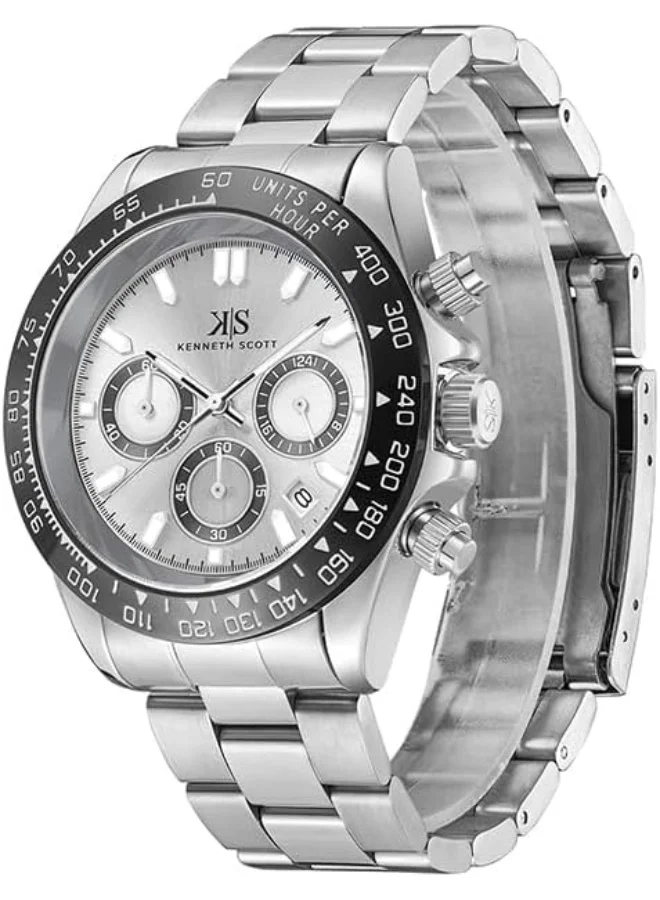 كينيث سكوت Kenneth Scott Men LD53 Movement Watch, Multi Function Display and Stainless Steel Strap - K23123-SBSWB, Silver