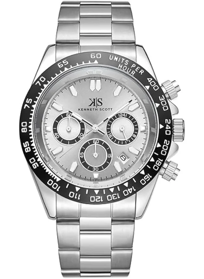 كينيث سكوت Kenneth Scott Men LD53 Movement Watch, Multi Function Display and Stainless Steel Strap - K23123-SBSWB, Silver