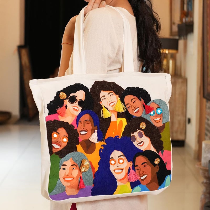 picknMAKE picknMAKE DIY Embroidery Tote Bag for Women - Stylish & Aesthetic Office Bag | Customizable with Sequins, Crochet Rings, Gota Flowers & Tassels | 16” x 16” with Zipped Pocket - Image 5