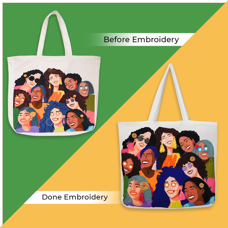 picknMAKE picknMAKE DIY Embroidery Tote Bag for Women - Stylish & Aesthetic Office Bag | Customizable with Sequins, Crochet Rings, Gota Flowers & Tassels | 16” x 16” with Zipped Pocket - Image 4