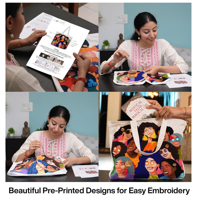 picknMAKE picknMAKE DIY Embroidery Tote Bag for Women - Stylish & Aesthetic Office Bag | Customizable with Sequins, Crochet Rings, Gota Flowers & Tassels | 16” x 16” with Zipped Pocket - Image 3
