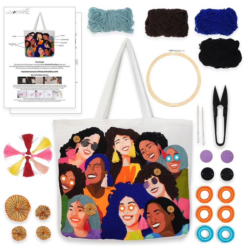 picknMAKE picknMAKE DIY Embroidery Tote Bag for Women - Stylish & Aesthetic Office Bag | Customizable with Sequins, Crochet Rings, Gota Flowers & Tassels | 16” x 16” with Zipped Pocket - Image 1