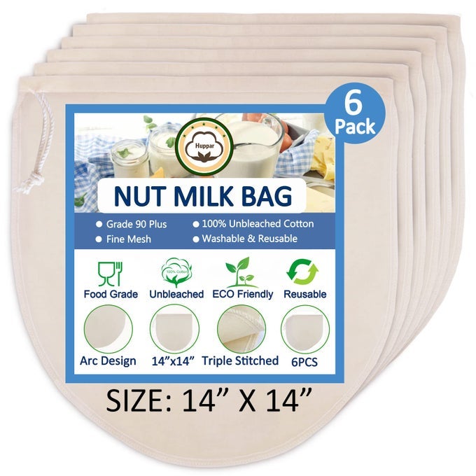 6 PACK 14X14 NUT MILK BAGS 100 UNBLEACHED COTTON FOOD STRAINER REUSABLE CHEESECLOTHSTRAINING ALMONDOATSOY MILK COLD BREW COFFEE CLOTH BAG FOR CHEESEYOGURTJUICETEAWINESOUPHERBS
