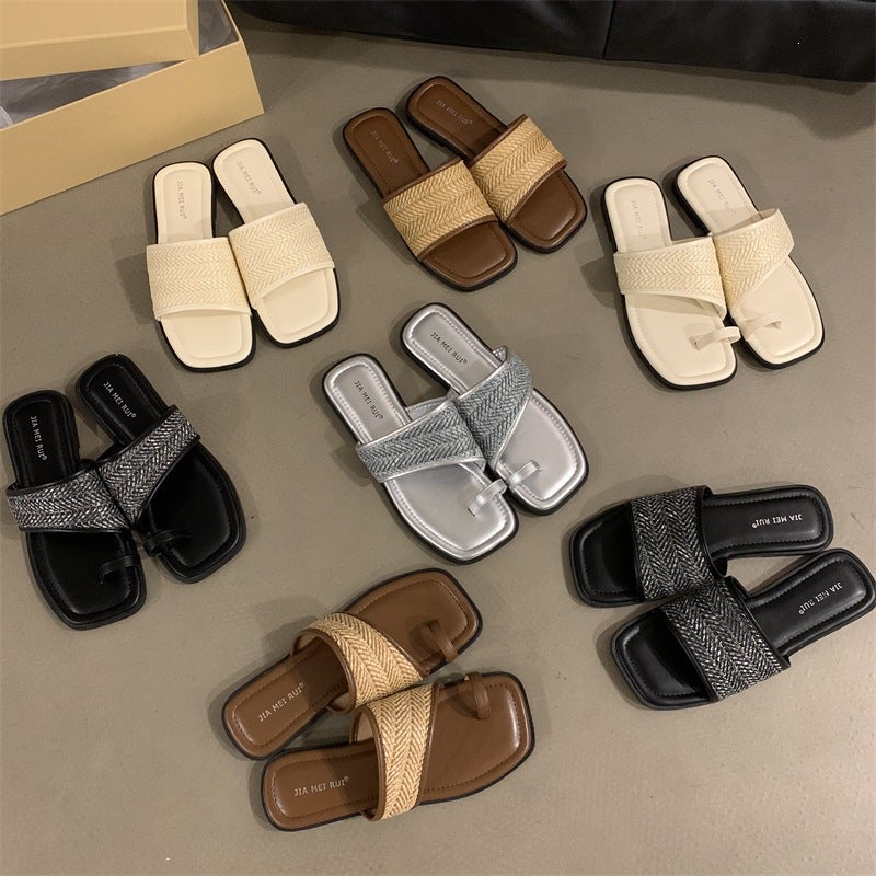 Women's Square Toe Straw Woven Flat Slides - Image 2