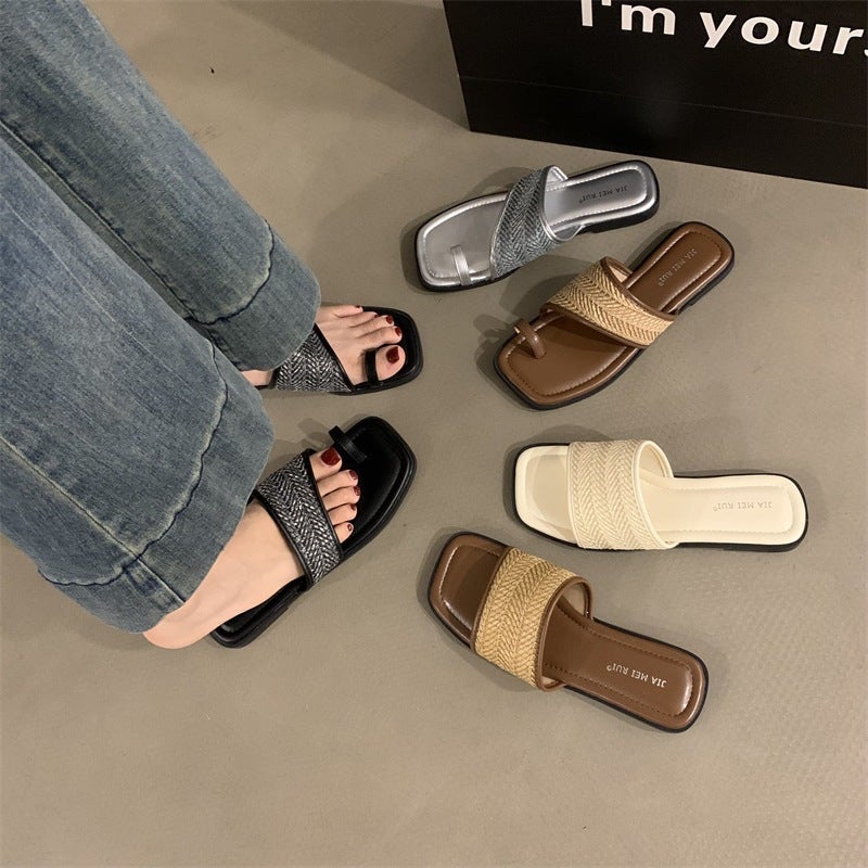 Women's Square Toe Straw Woven Flat Slides - Image 1