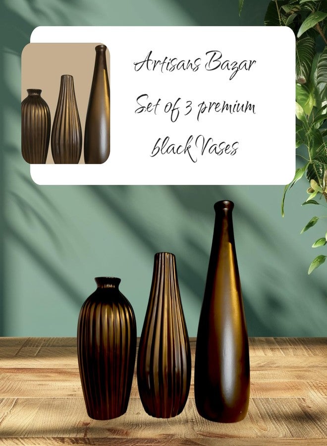 Artisans Bazar Black Ceramic Bottle Vase Set of 3, Premium Home Decor - Image 1