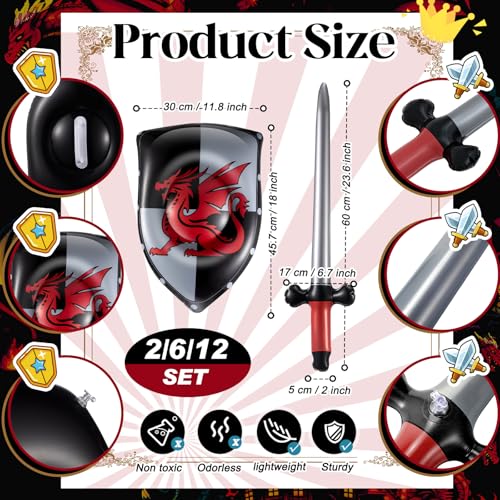 Poen 12 Pcs Inflatable Sword and Shield Knight Party Favors Set Blow up Medieval Sword Shield for Prince Party Favors Decorations Cosplay Accessories Dragon - Image 5