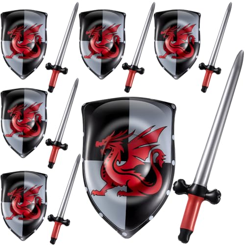 Poen 12 Pcs Inflatable Sword and Shield Knight Party Favors Set Blow up Medieval Sword Shield for Prince Party Favors Decorations Cosplay Accessories Dragon - Image 1