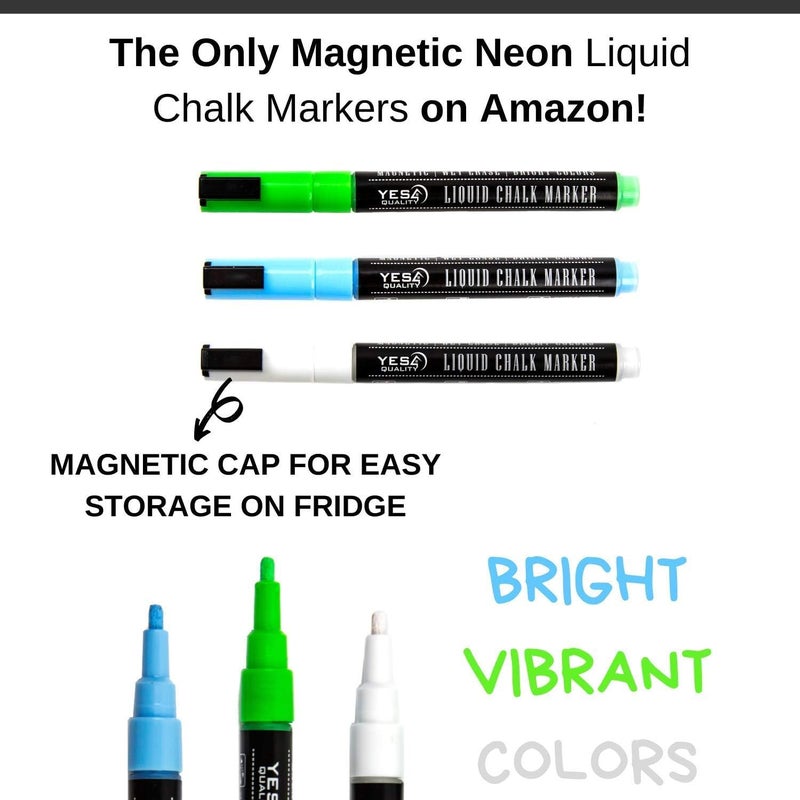YES4QUALITY Magnetic Liquid Chalk Markers (3 Pack), Vibrant Neon Colors w/ 3 mm Fine Bullet Tip, Erasable Dry Erase Pens for Blackboards, Whiteboards Chalkboard Signs, Windows & Glasses - Image 3