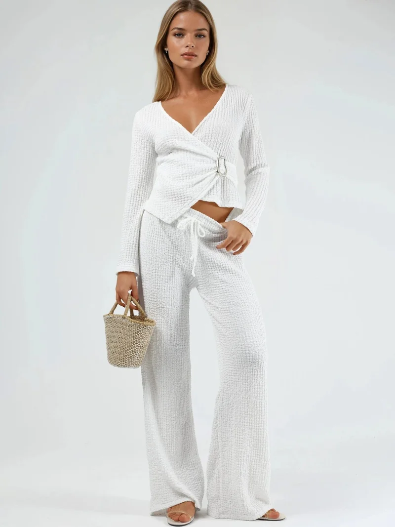 بوسيم BUSEM Textured Wide Leg Trousers with Drawstring Waist